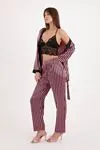 Kadın Üçlü Çizgili Sabahlıklı Pembe Saten Çeyizlik Pijama Takımı