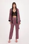 Kadın Üçlü Çizgili Sabahlıklı Pembe Saten Çeyizlik Pijama Takımı
