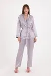 Women's Triple Piece Grey Satin Pyjama Set with Robe