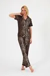 Women's Soft Textured 100% Cotton Leopard Pattern Brown Short Sleeve Shirt Collar Pyjama Set