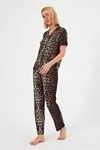 Women's Soft Textured 100% Cotton Leopard Pattern Brown Short Sleeve Shirt Collar Pyjama Set