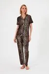 Women's Soft Textured 100% Cotton Leopard Pattern Brown Short Sleeve Shirt Collar Pyjama Set