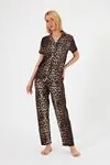 Women's Soft Textured 100% Cotton Leopard Pattern Brown Short Sleeve Shirt Collar Pyjama Set