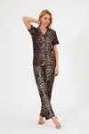 Women's Soft Textured 100% Cotton Leopard Pattern Brown Short Sleeve Shirt Collar Pyjama Set