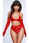 Red Lace Bra Panty Glove Sheer Lingerie Set