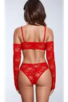 Red Lace Bra Panty Glove Sheer Lingerie Set