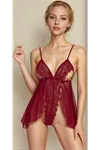  Burgundy Lace and Ribbon Detailed Special Design Bodysuit Fantasy Tulle Nightgown