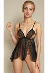 Black Lace and Ribbon Detailed Special Design Bodysuit Fantasy Tulle Nightgown
