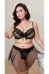Plus Size Black Sheer Fantasy Mesh Bra Thong Skirted Nightgown Set