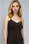 Women's Black String Strap V-Neck Undershirt with Mesh Detail
