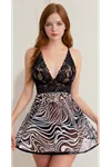 Woman's Black Deep Neckline Zebra Patterned Lace Mesh Fantasy Nightgown Set