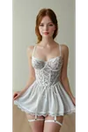 Woman Knitted Detail Lace Tulle Ecru Mini Fantasy Nightgown