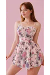 Kadın Çiçekli Kolsuz Askılı Mini Pembe Gecelik