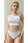 Kadın Çiçek Desenli Beyaz Kolsuz Rahat Crop Pijama Takımı