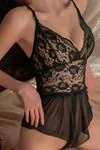 Kadın Siyah özel Bölgesi Açık Dantelli Askılı Seksi Babydoll Fantezi Gecelik