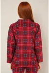 Kadın Ekoseli Kışlık Uzun Kollu Desenli Önden Düğmeli Kırmızı Süet Pijama Takımı