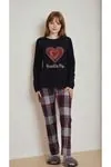Kadın Kalpli Bisiklet Yaka Ekoseli Pantolon Uzun Kollu Lacivert Pijama Takımı