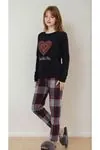 Kadın Kalpli Bisiklet Yaka Ekoseli Pantolon Uzun Kollu Lacivert Pijama Takımı