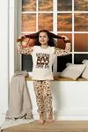 Desenli Kışlık Uzun Kollu Ayıcıklı Polar Peluş Bej Kız Çocuk Pijama Takımı