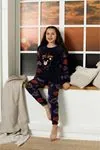 Desenli Kışlık Uzun Kollu Ayıcıklı Kalpli Polar Peluş Lacivert Kız Çocuk Pijama Takımı