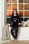Desenli Kışlık Uzun Kollu Ayıcıklı Kalpli Polar Peluş Lacivert Kız Çocuk Pijama Takımı