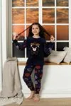 Desenli Kışlık Uzun Kollu Ayıcıklı Kalpli Polar Peluş Lacivert Kız Çocuk Pijama Takımı