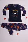 Desenli Kışlık Uzun Kollu Ayıcıklı Kalpli Polar Peluş Lacivert Kız Çocuk Pijama Takımı