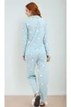 Kadın Martı Desenli Uzun Kollu Önden Düğmeli Gömlek Yaka Turkuaz Pijama Takımı