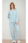 Kadın Martı Desenli Uzun Kollu Önden Düğmeli Gömlek Yaka Turkuaz Pijama Takımı