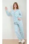 Kadın Martı Desenli Uzun Kollu Önden Düğmeli Gömlek Yaka Turkuaz Pijama Takımı