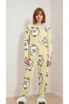 Kadın New Chick Desenli Bisiklet Yaka Uzun Kollu Sarı Pijama Takımı