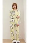 Kadın New Chick Desenli Bisiklet Yaka Uzun Kollu Sarı Pijama Takımı