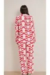 Kadın Büyük Beden Kalpli Uzun Kollu Önden Düğmeli Gömlek Yaka Kırmızı Pijama Takımı
