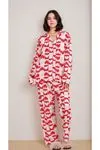 Kadın Büyük Beden Kalpli Uzun Kollu Önden Düğmeli Gömlek Yaka Kırmızı Pijama Takımı