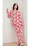 Kadın Büyük Beden Kalpli Uzun Kollu Önden Düğmeli Gömlek Yaka Kırmızı Pijama Takımı