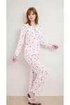 Kadın Kalpli Desenli Uzun Kollu Önden Düğmeli Gömlek Yaka Pembe Pijama Takımı