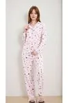 Kadın Kalpli Desenli Uzun Kollu Önden Düğmeli Gömlek Yaka Pembe Pijama Takımı