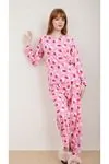 Kadın Çilekli Desenli Bisiklet Yaka Uzun Kollu Pembe Pijama Takımı