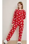 Kadın Kalpli Bisiklet Yaka Desenli Uzun Kol Kırmızı Pijama Takımı