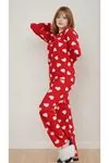 Kadın Kalpli Bisiklet Yaka Desenli Uzun Kol Kırmızı Pijama Takımı