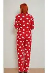 Kadın Kalpli Bisiklet Yaka Desenli Uzun Kol Kırmızı Pijama Takımı