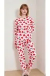 Kadın Kalpli Bisiklet Yaka Love Desenli Uzun Kollu Çok Renkli Pijama Takımı