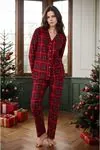 Kadın Ekose Desenli Kışlık Düğmeli Süet Yeni Yıl Temalı Yılbaşı Pijama Takımı