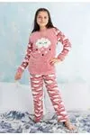 Bulut Desenli Kışlık Uzun Kollu Polar Peluş Pembe Kız Çocuk Pijama Takımı