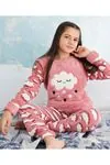 Bulut Desenli Kışlık Uzun Kollu Polar Peluş Pembe Kız Çocuk Pijama Takımı