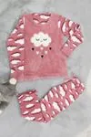 Bulut Desenli Kışlık Uzun Kollu Polar Peluş Pembe Kız Çocuk Pijama Takımı