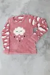 Bulut Desenli Kışlık Uzun Kollu Polar Peluş Pembe Kız Çocuk Pijama Takımı