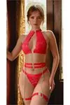 Women's Red Lace & Chain Lingerie Set — Heart Detail Bra, Chain Thong & Leg Accessories (4-Piece)