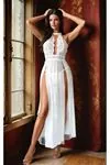 Women's White Lace & Tulle Fantasy Nightdress — Heart Accessory, Deep V-Neck, Halter & High Split Skirt