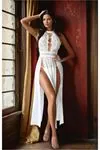 Women's White Lace & Tulle Fantasy Nightdress — Heart Accessory, Deep V-Neck, Halter & High Split Skirt